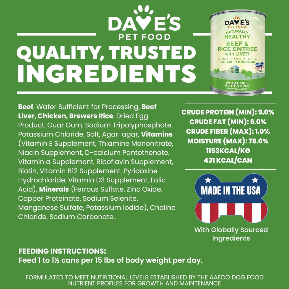 Dave's Pet Food beef and rice pantry-pack signals value and convenience for daily feeding.