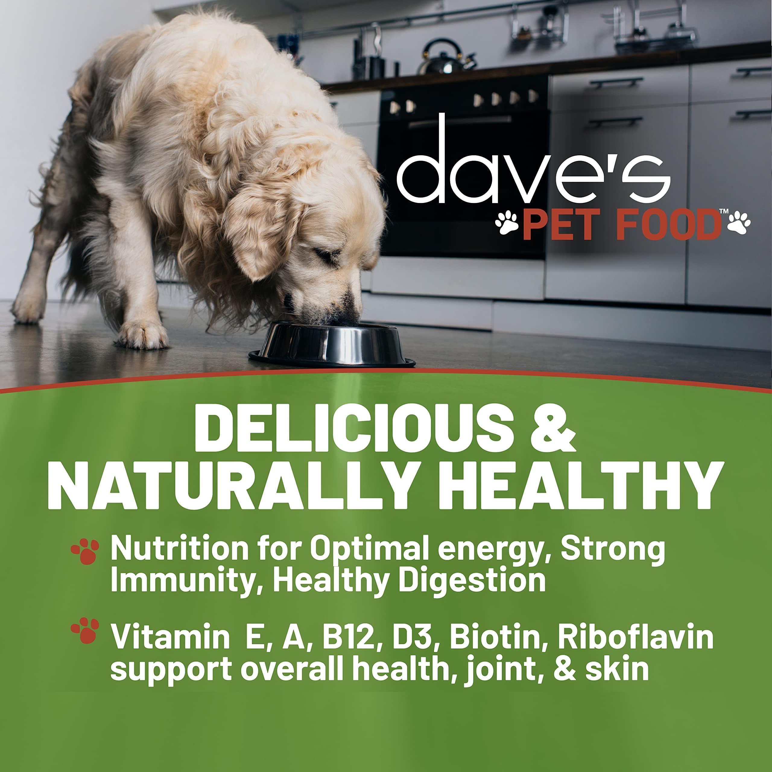 Dave's Pet Food wet beef and rice serving-bowl highlights a convenient dinner option for dogs.
