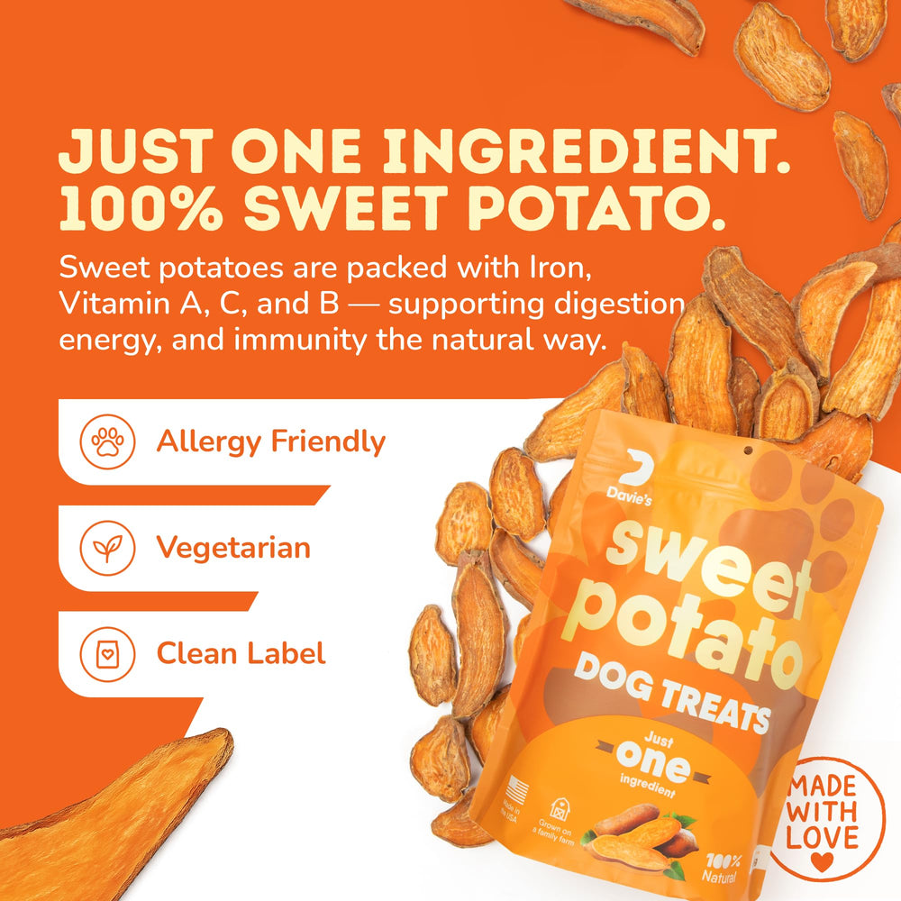 Dehydrated sweet potato chew texture from Davie's Naturals, grain-free and preservative-free.