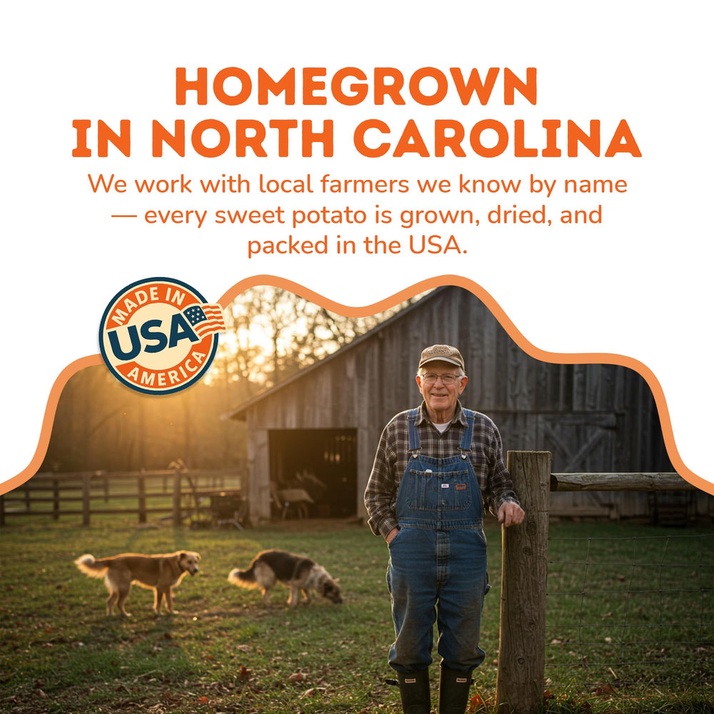 Davie's Naturals sweet potato dog treats sourced from a North Carolina family farm.