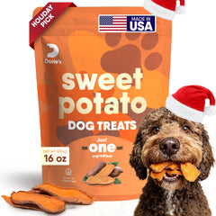 Davie's Naturals packaging for Sweet Potato Dog Treats shows simple, all-natural ingredients.