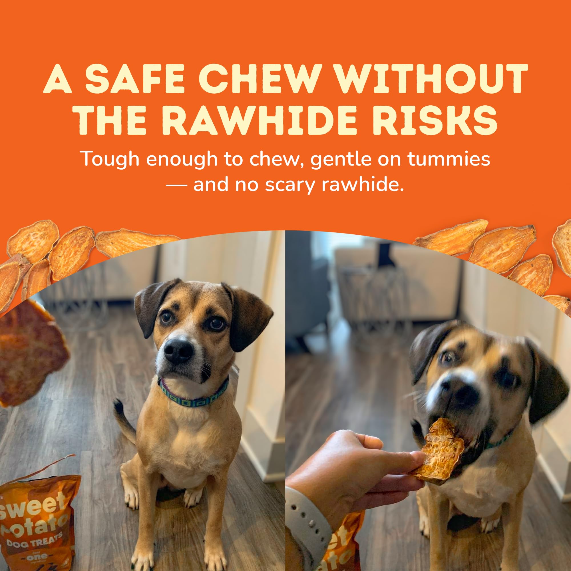 Close-up of single-ingredient Davie's Naturals sweet potato chews, a healthy dog snack.