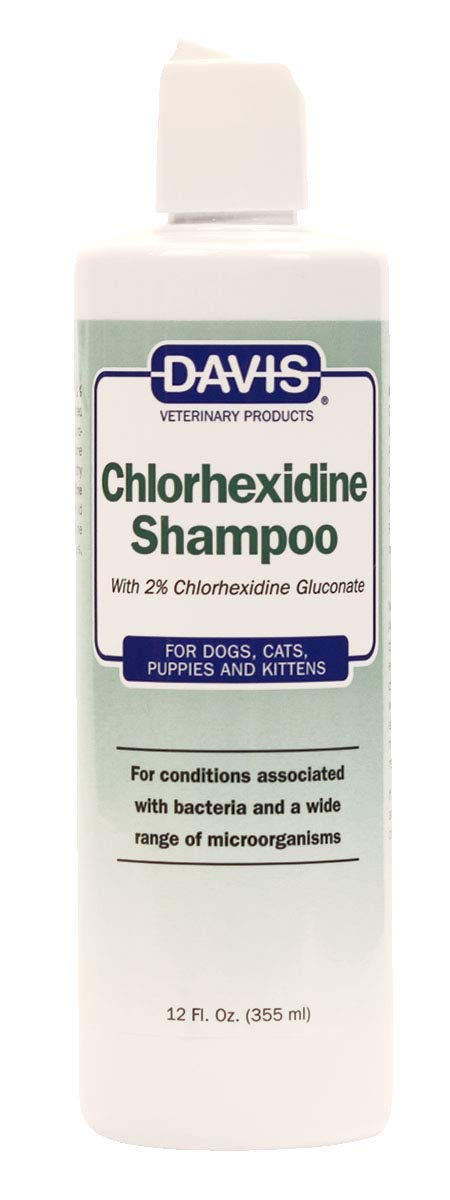 Davis Chlorhexidine Pet Shampoo bottle showing ready-to-use formula for healthy skin