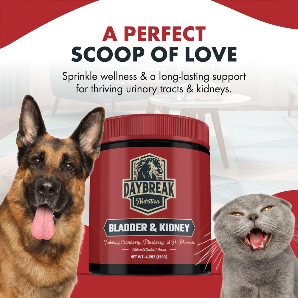 Daybreak Nutrition-dogs-cats-urinary-support-scene: pets easily take urinary-support powder.