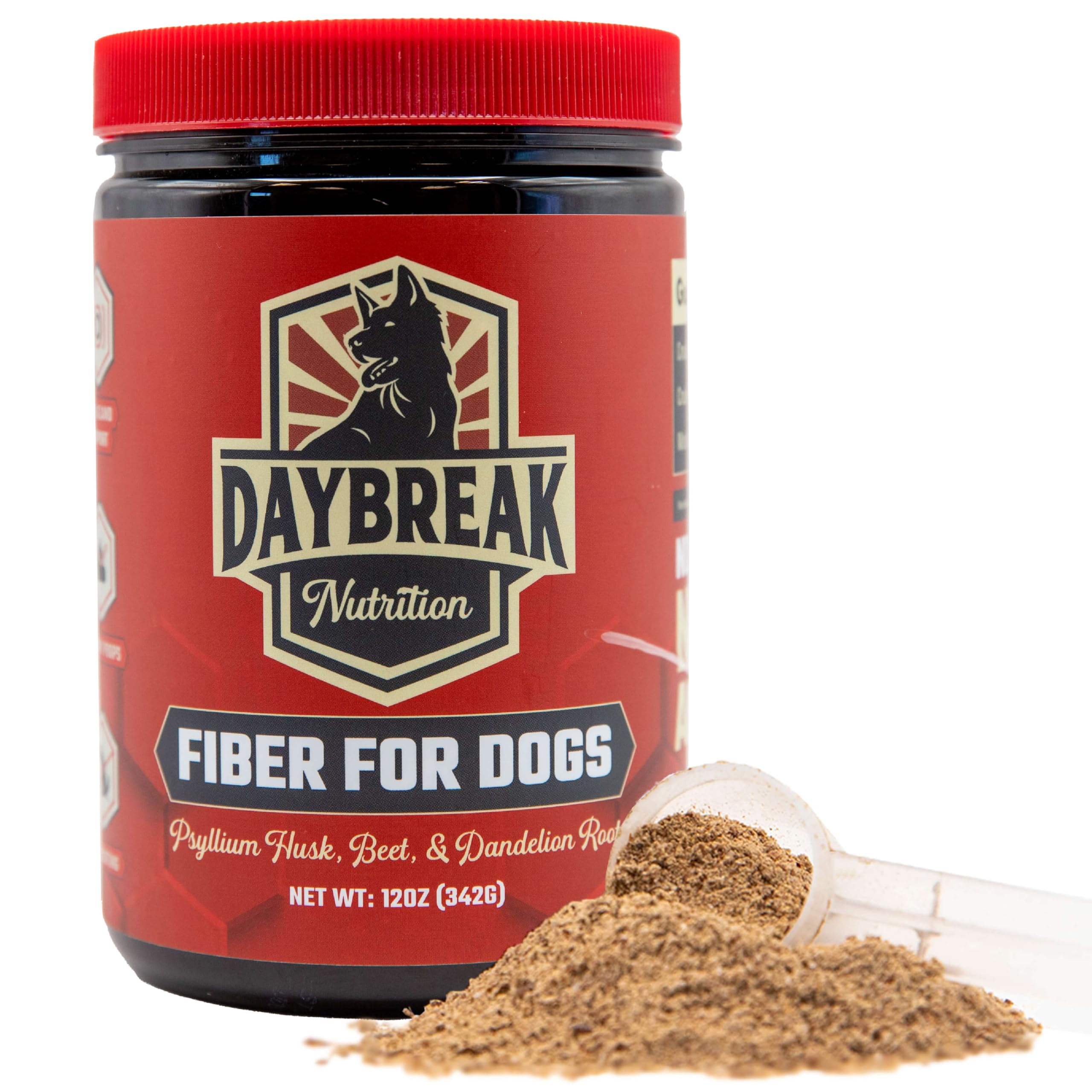 Daybreak Nutrition Fiber for Dogs bottle on shelf highlights digestive balance benefits