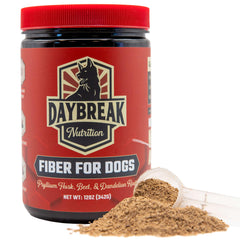 Daybreak Nutrition Fiber for Dogs bottle on shelf highlights digestive balance benefits