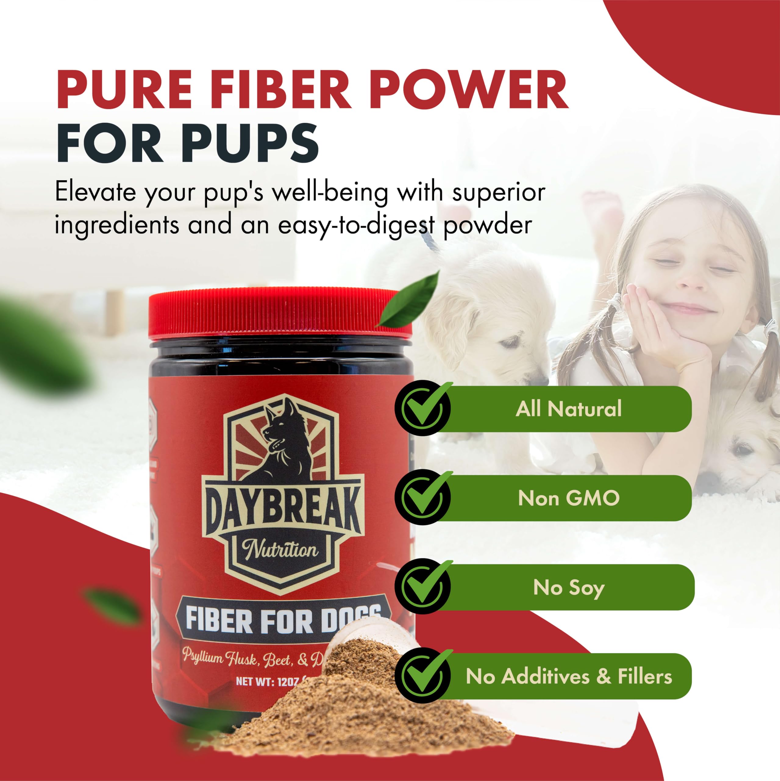 Daybreak Nutrition Fiber for Dogs prebiotics image underscores gut-friendly support
