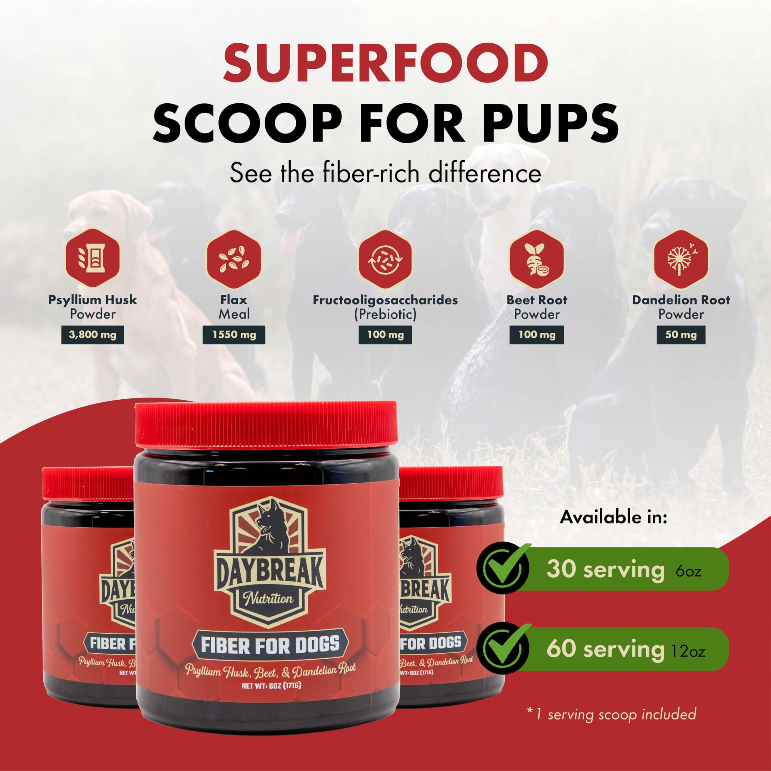 Daybreak Nutrition Fiber for Dogs psyllium husk portion supports regularity with meals