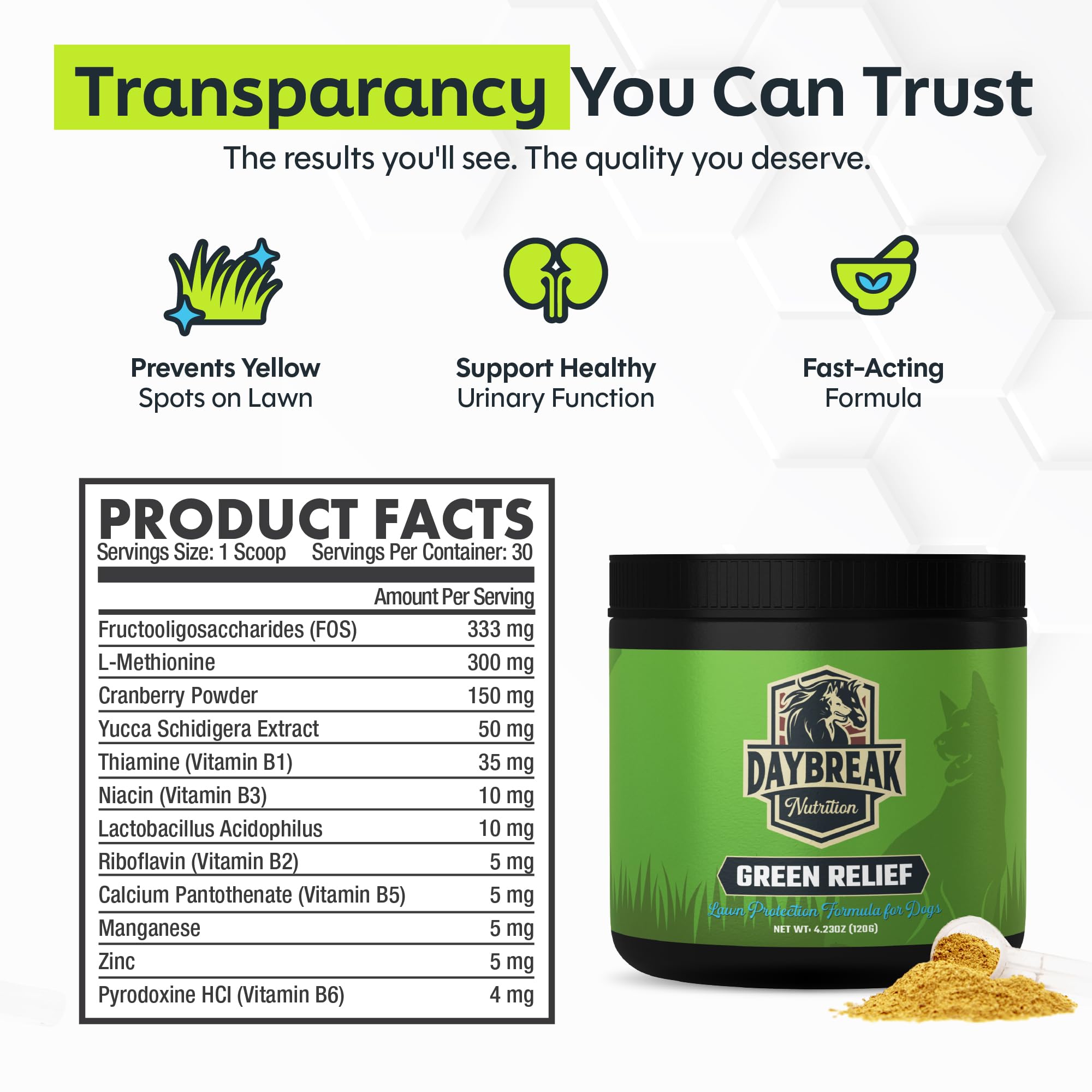 Daybreak Nutrition Green Relief being added to dog food emphasizes a simple daily supplement