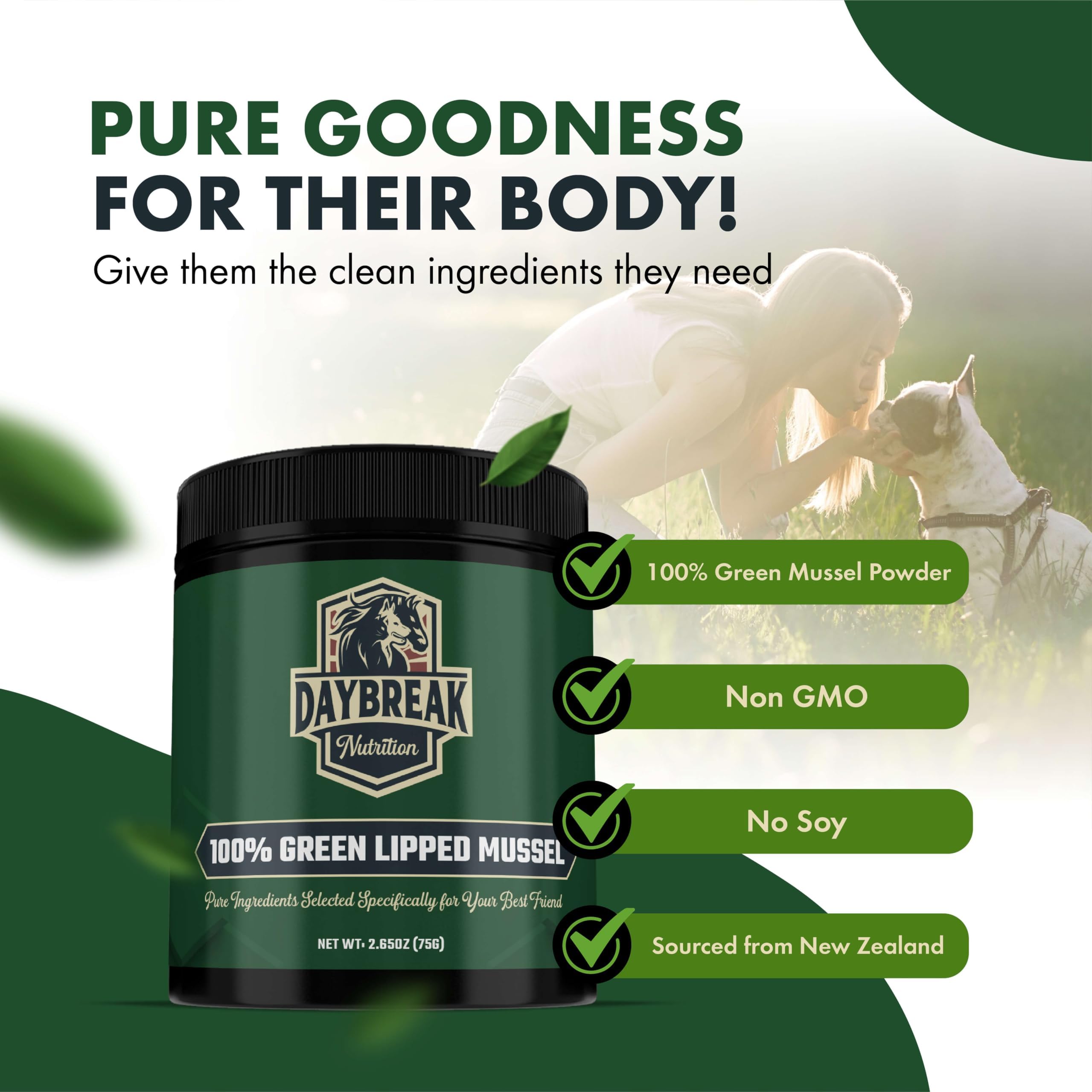 Daybreak Nutrition pet arthritis relief supplement bottle scene suggests everyday comfort after meals.