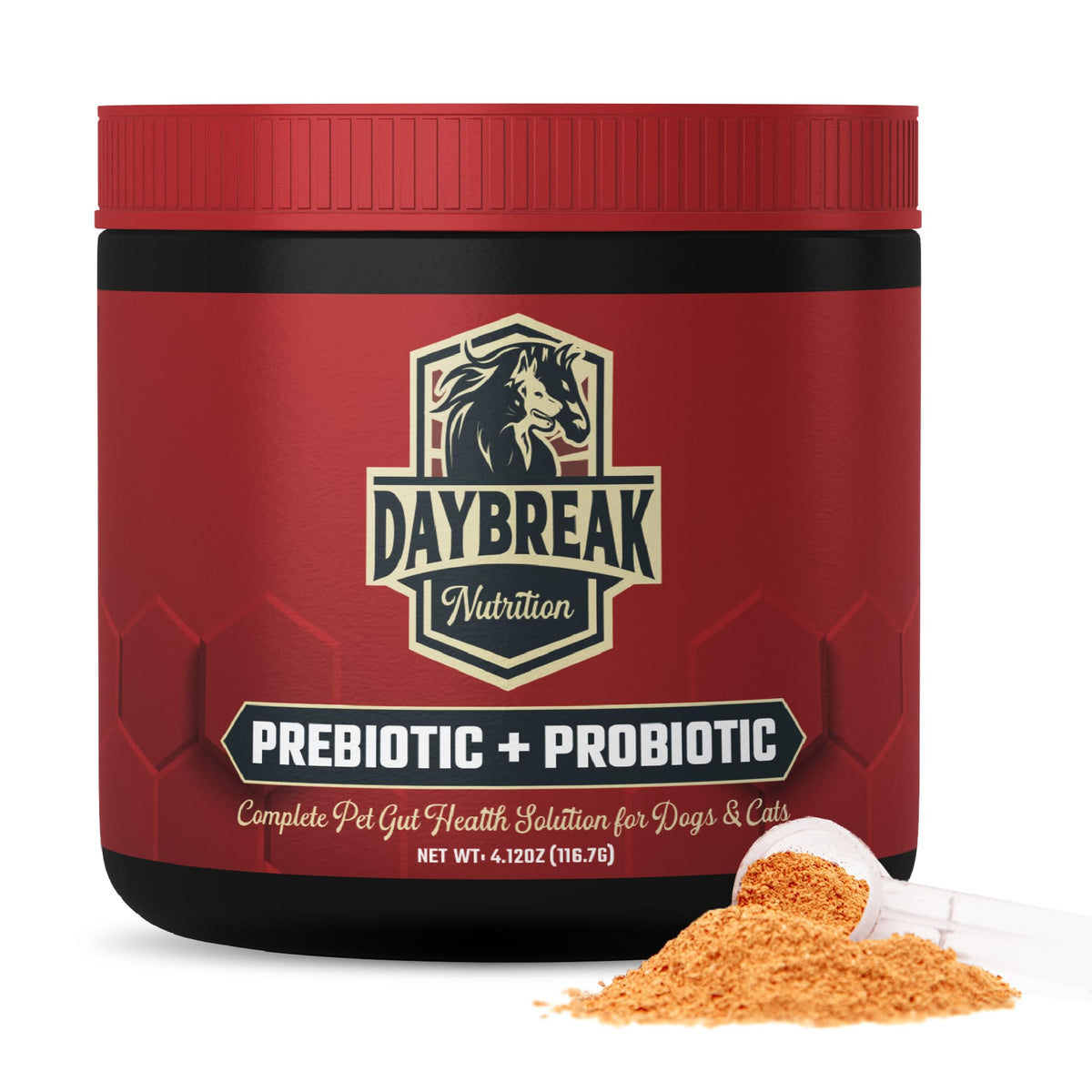 Daybreak Nutrition Probiotics jar-front shows pet gut support potency