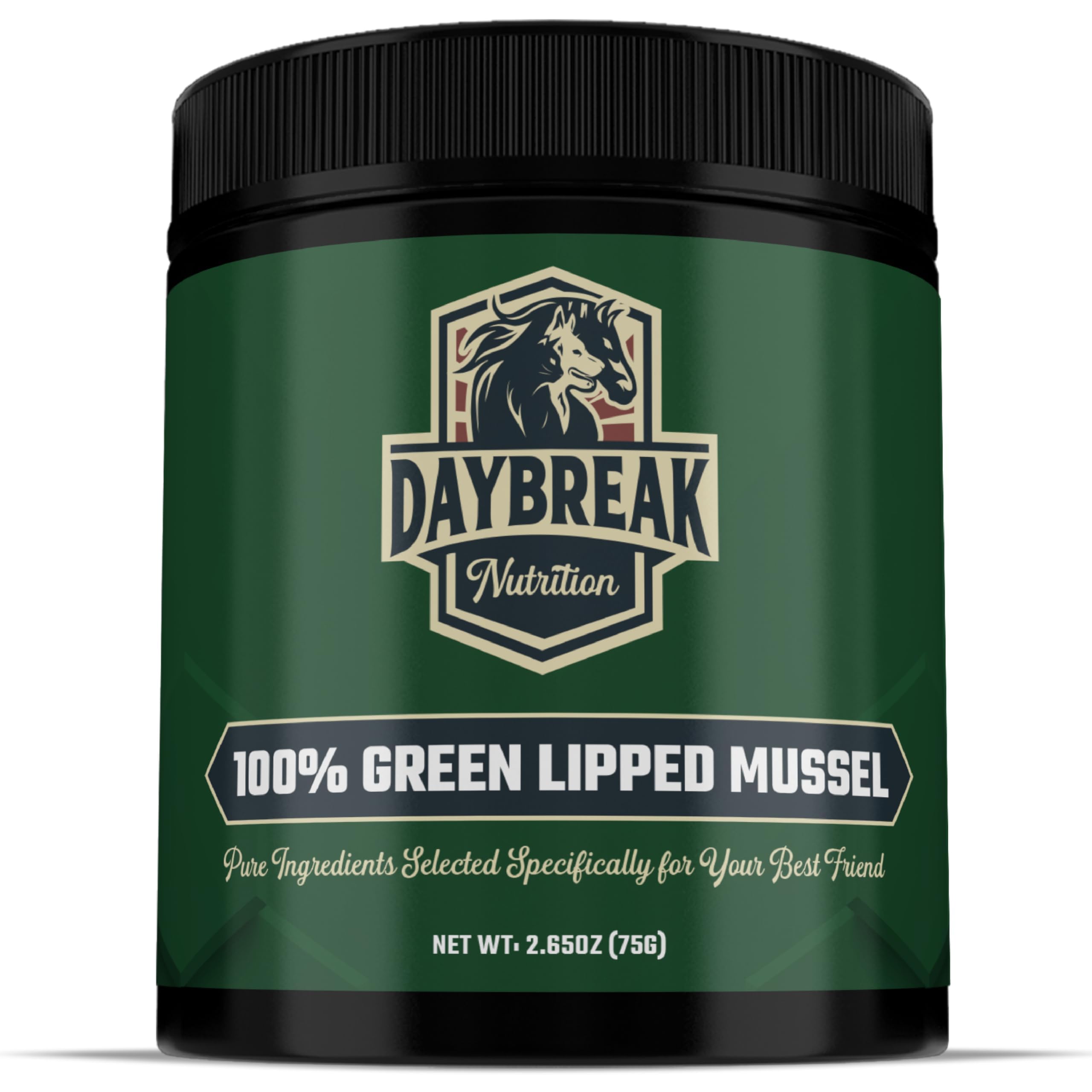 Daybreak Nutrition Pure Green Lipped Mussel Powder bottle promotes natural joint support for dogs and cats.