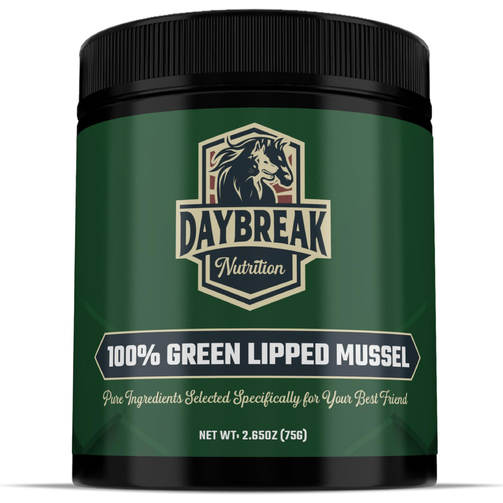 Daybreak Nutrition Pure Green Lipped Mussel Powder bottle promotes natural joint support for dogs and cats.