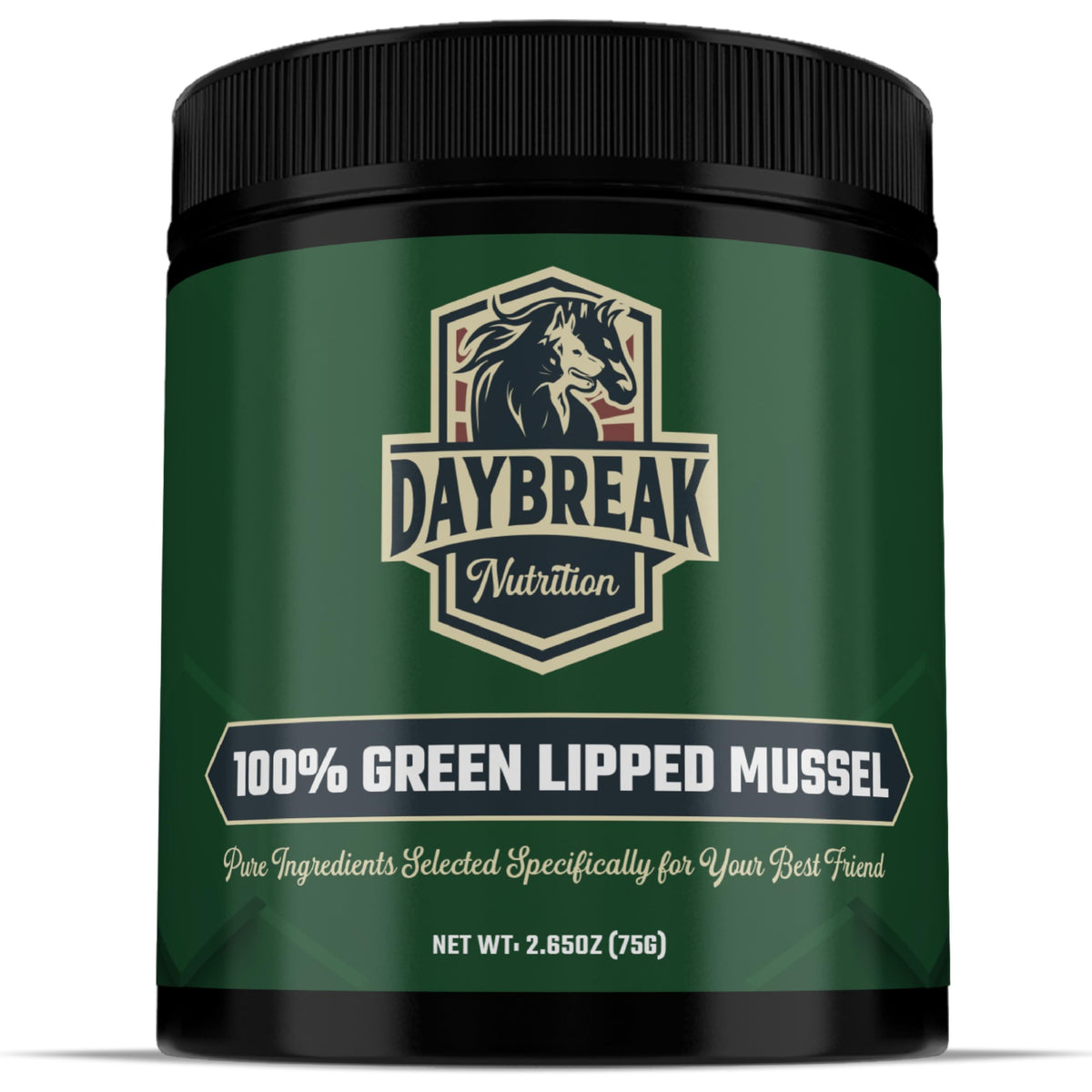 Daybreak Nutrition Pure Green Lipped Mussel Powder bottle promotes natural joint support for dogs and cats.