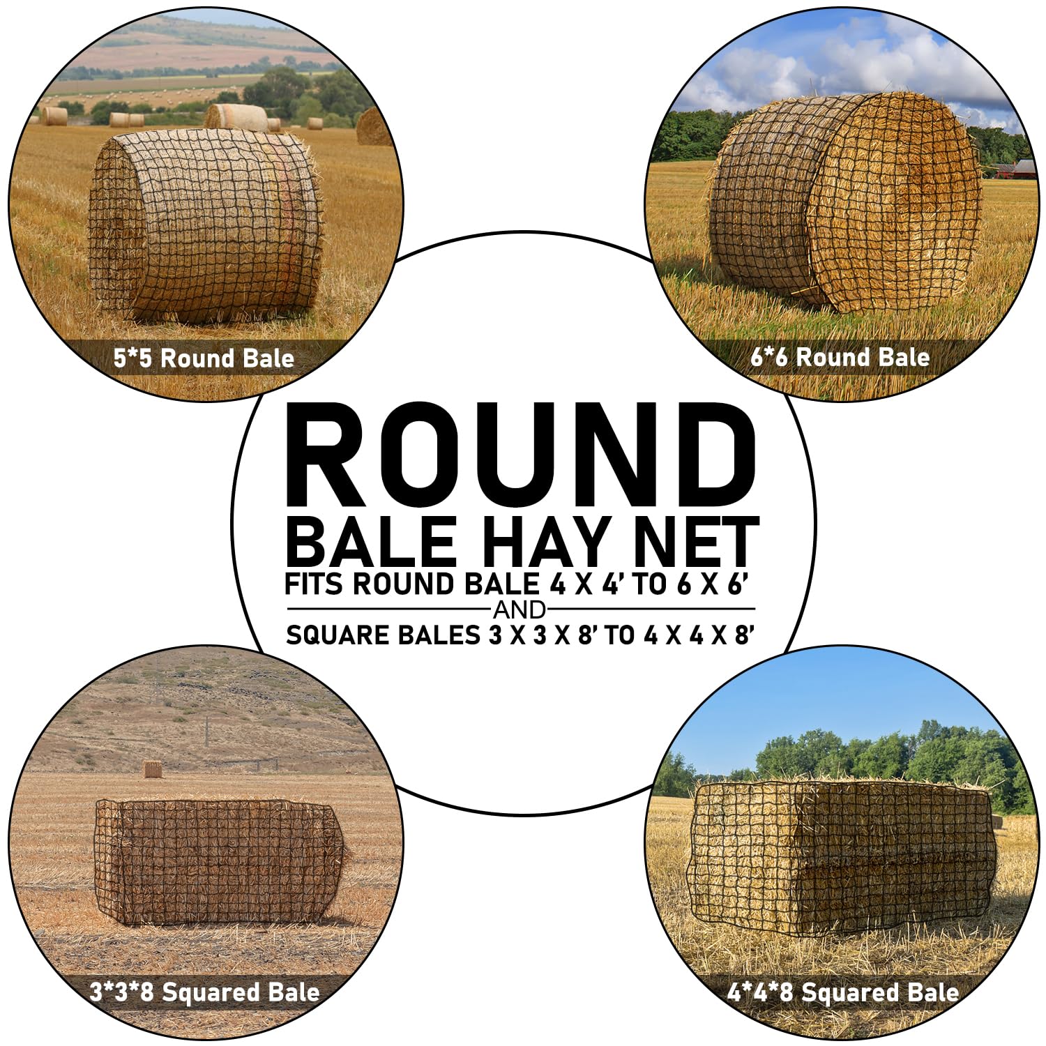 Dayimado hay net with closing rope demonstrates easy setup around a bale