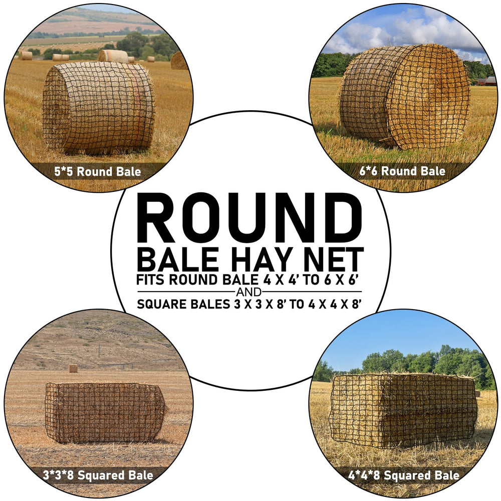Dayimado hay net with closing rope demonstrates easy setup around a bale