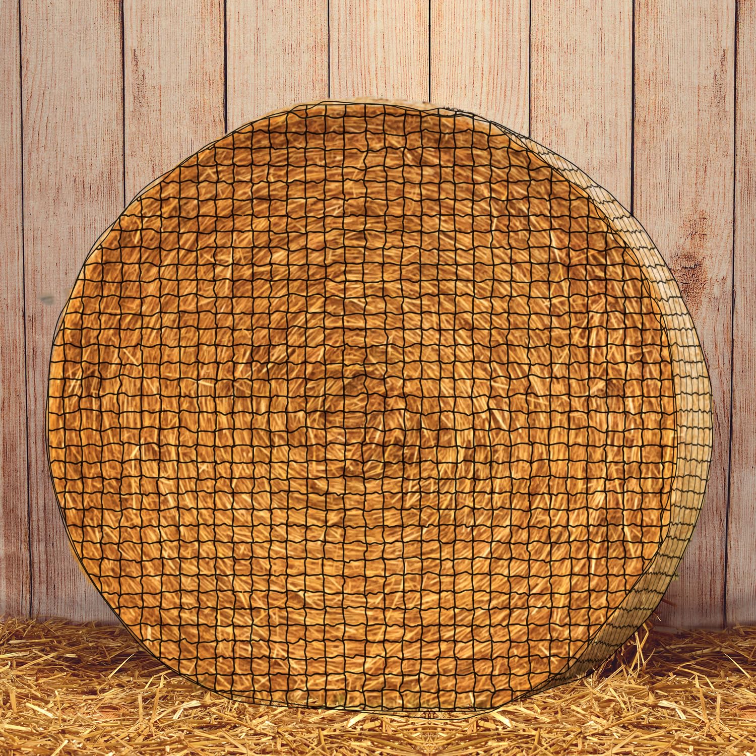 Dayimado hay net on large bale fitment illustrating 6x6 ft compatibility