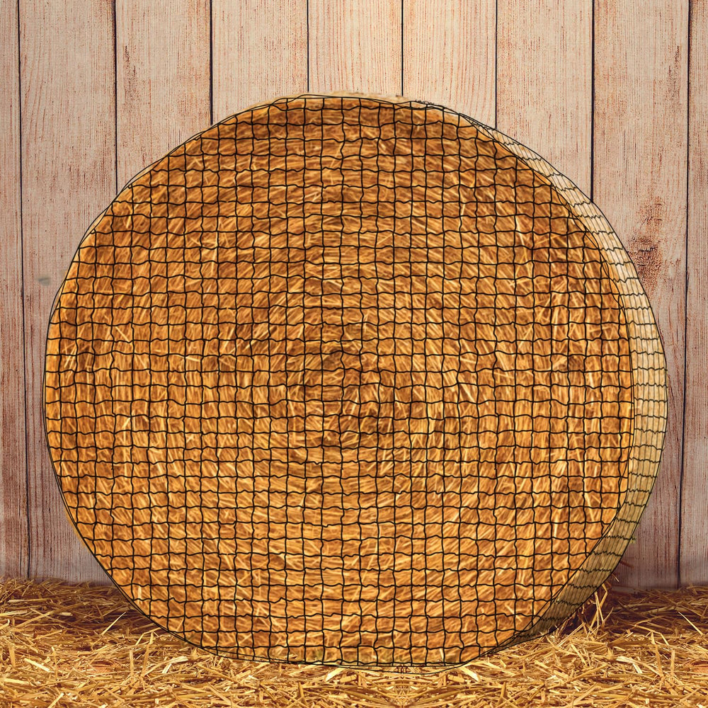 Dayimado hay net on large bale fitment illustrating 6x6 ft compatibility