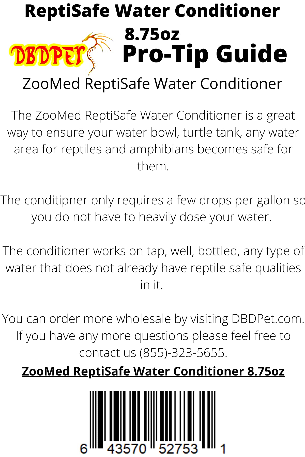 DBDPet ReptiSafe label closeup highlights detox benefits and ammonia control.