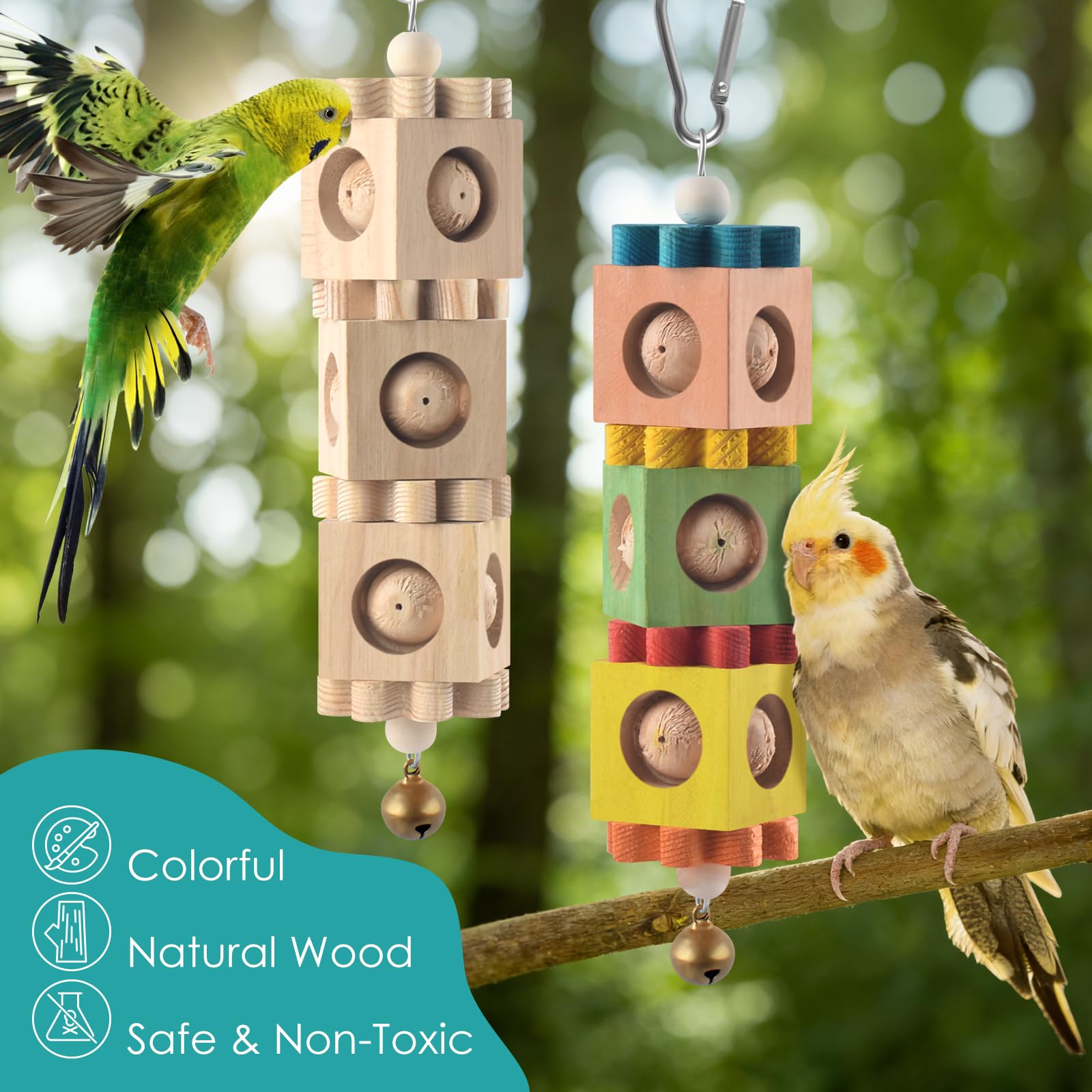 DBNESS bird chew toy metal-hook-bell demonstrates easy attachment and attractive bell sounds.