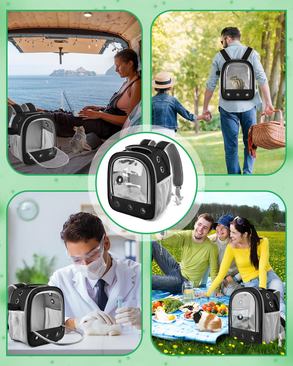 DBNESS Guinea Pig Carrier Backpack in use with a small pet during travel.
