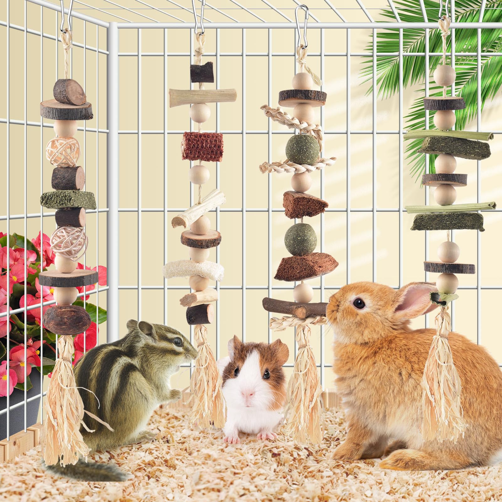 DBNESS hanging cage chew toy display shows easy cage compatibility for rabbits