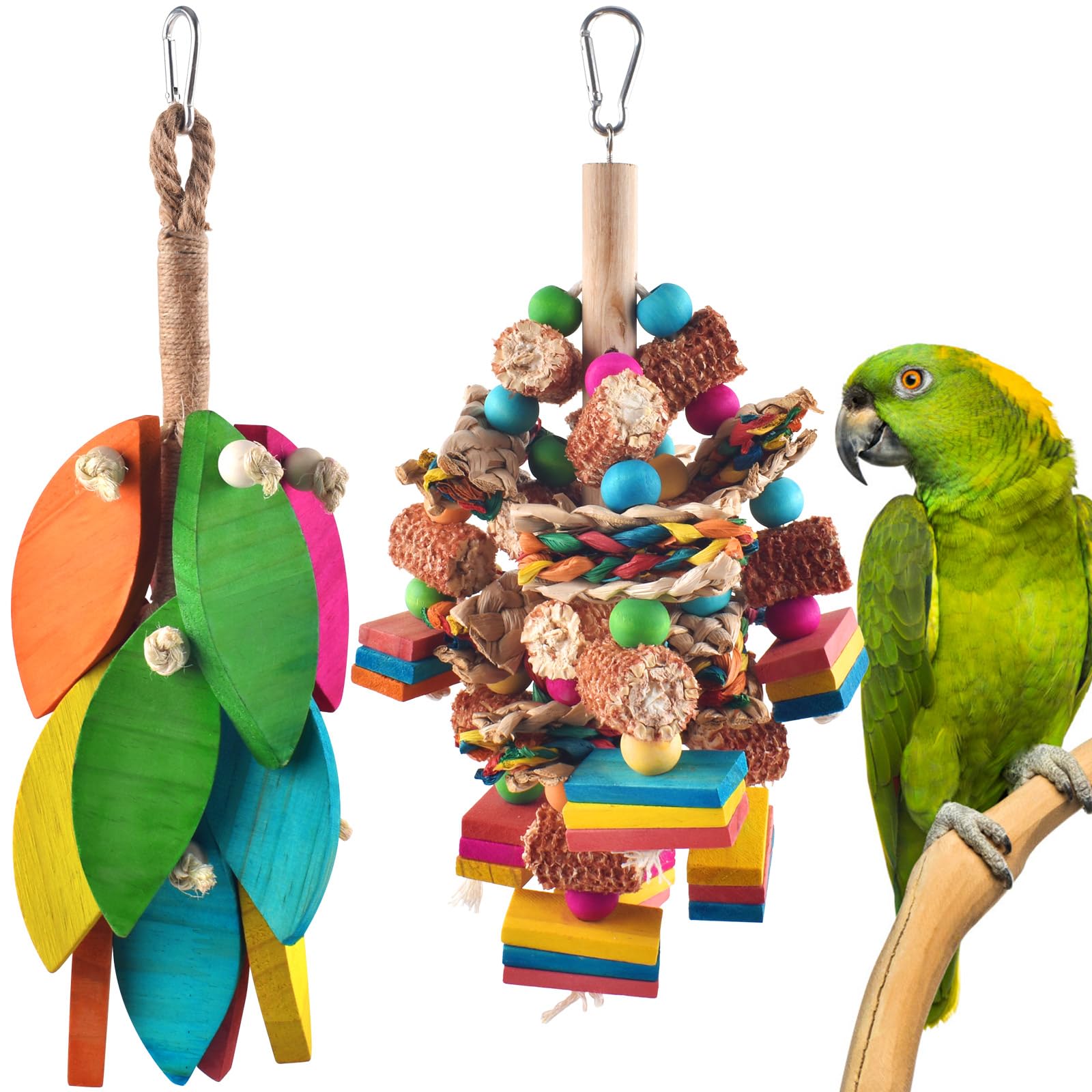 DBNESS large bird toy with corn cob and wood blocks for engaging chewing and enrichment.