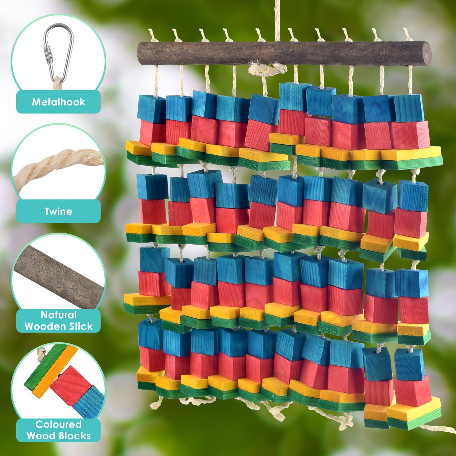DBNESS natural-materials bird toy combines wood, twine, and metal for durable, safe play.