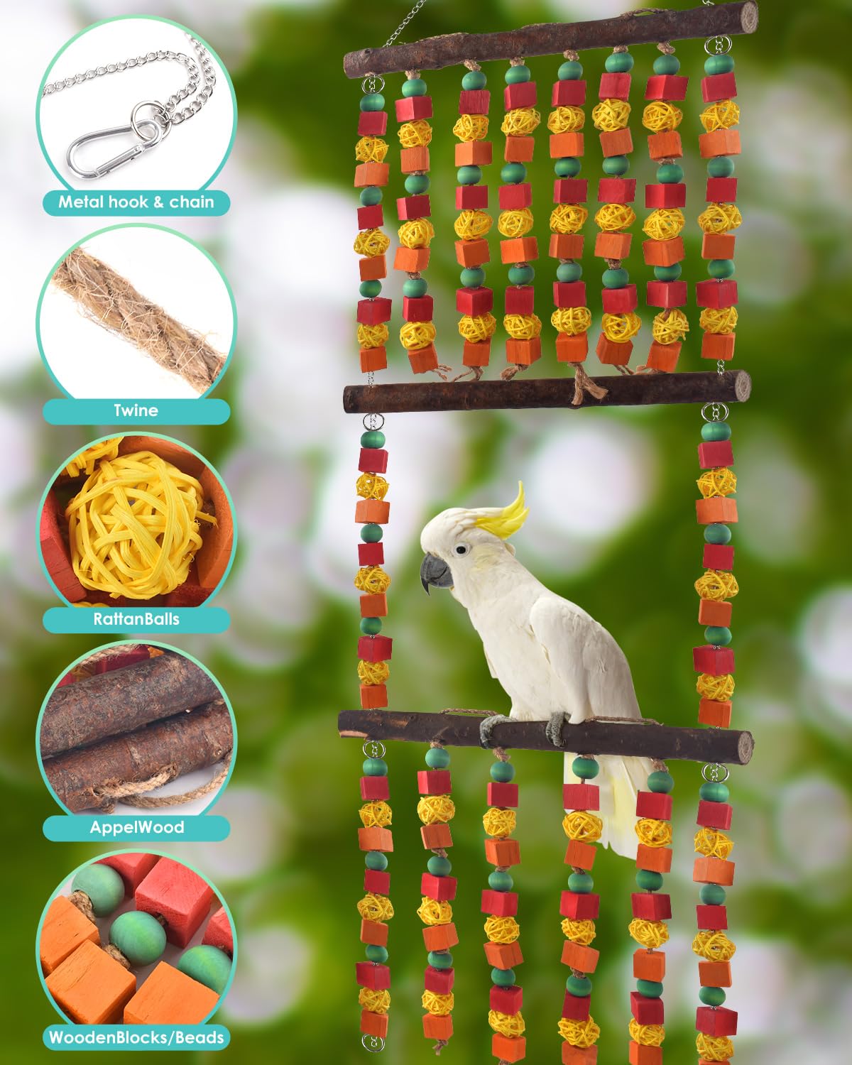 DBNESS parrot toy adjustable chains and hooks demonstrate easy installation in cages.