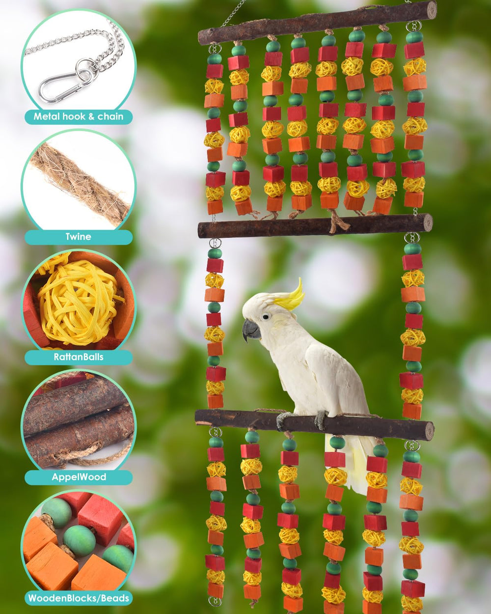 DBNESS parrot toy adjustable chains and hooks demonstrate easy installation in cages.