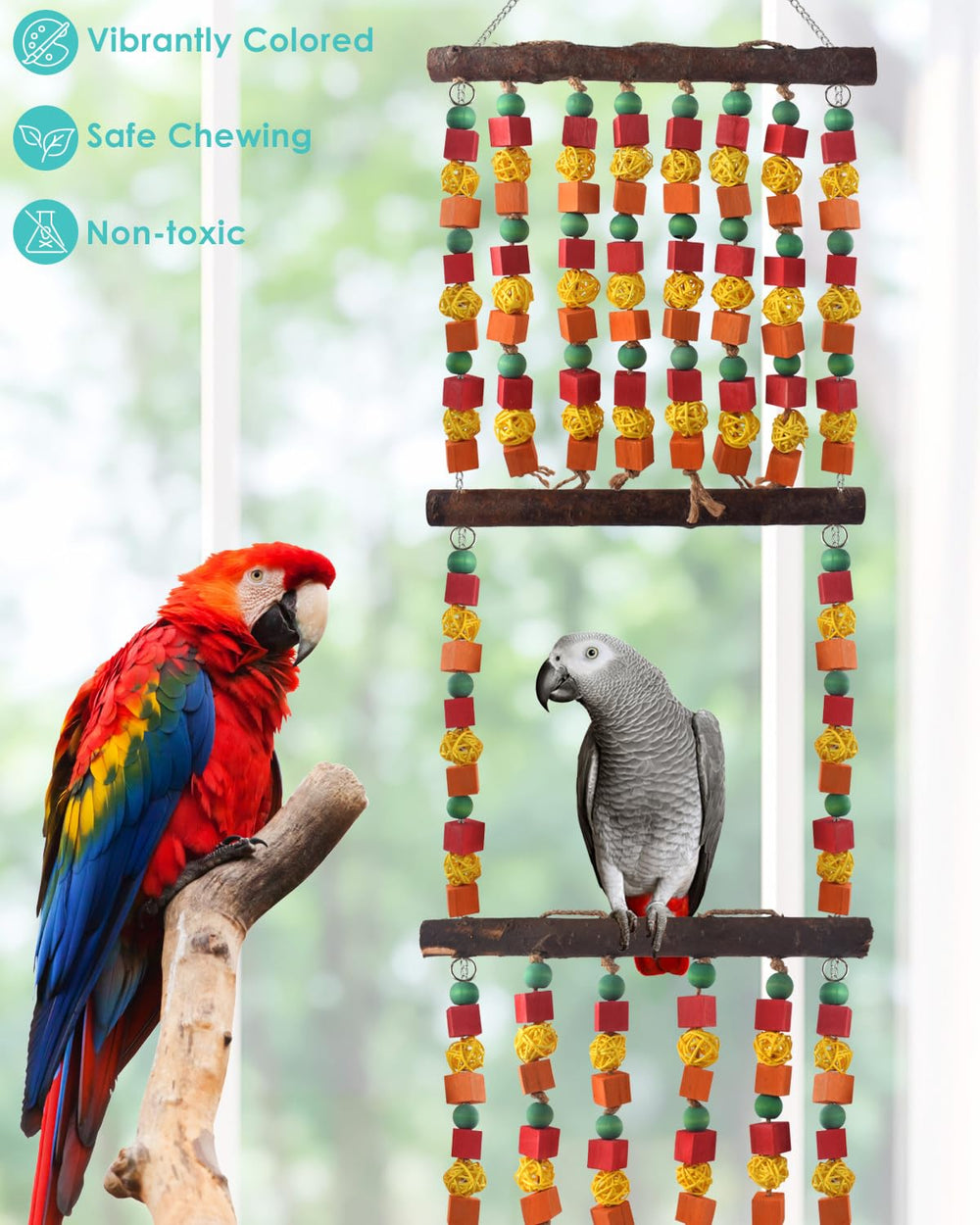 DBNESS parrot toy wood blocks closeup shows chew-friendly blocks for beak exercise.