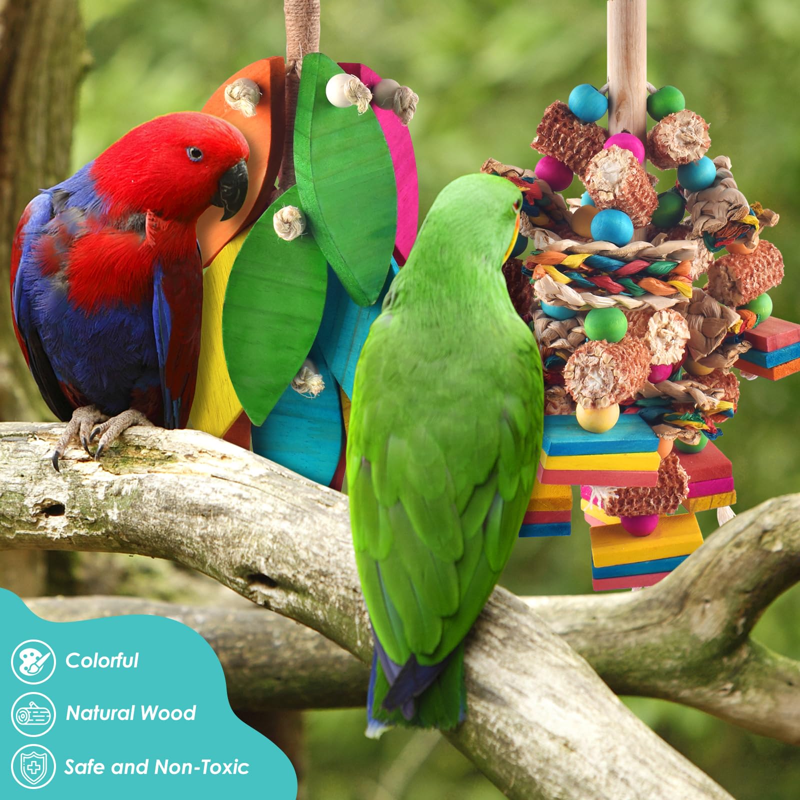 DBNESS two-piece parrot toy set offers hours of gnawing, climbing, and interactive play for large parrots.