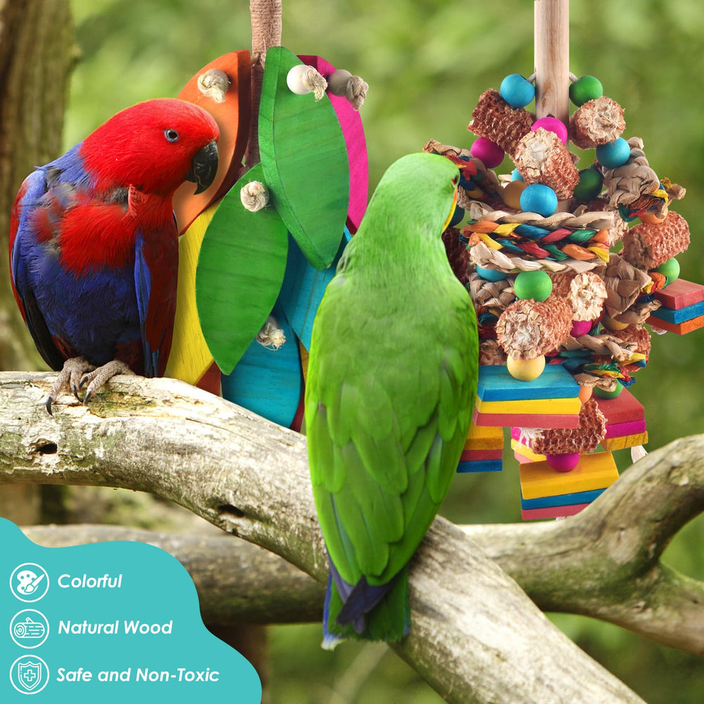 DBNESS two-piece parrot toy set offers hours of gnawing, climbing, and interactive play for large parrots.