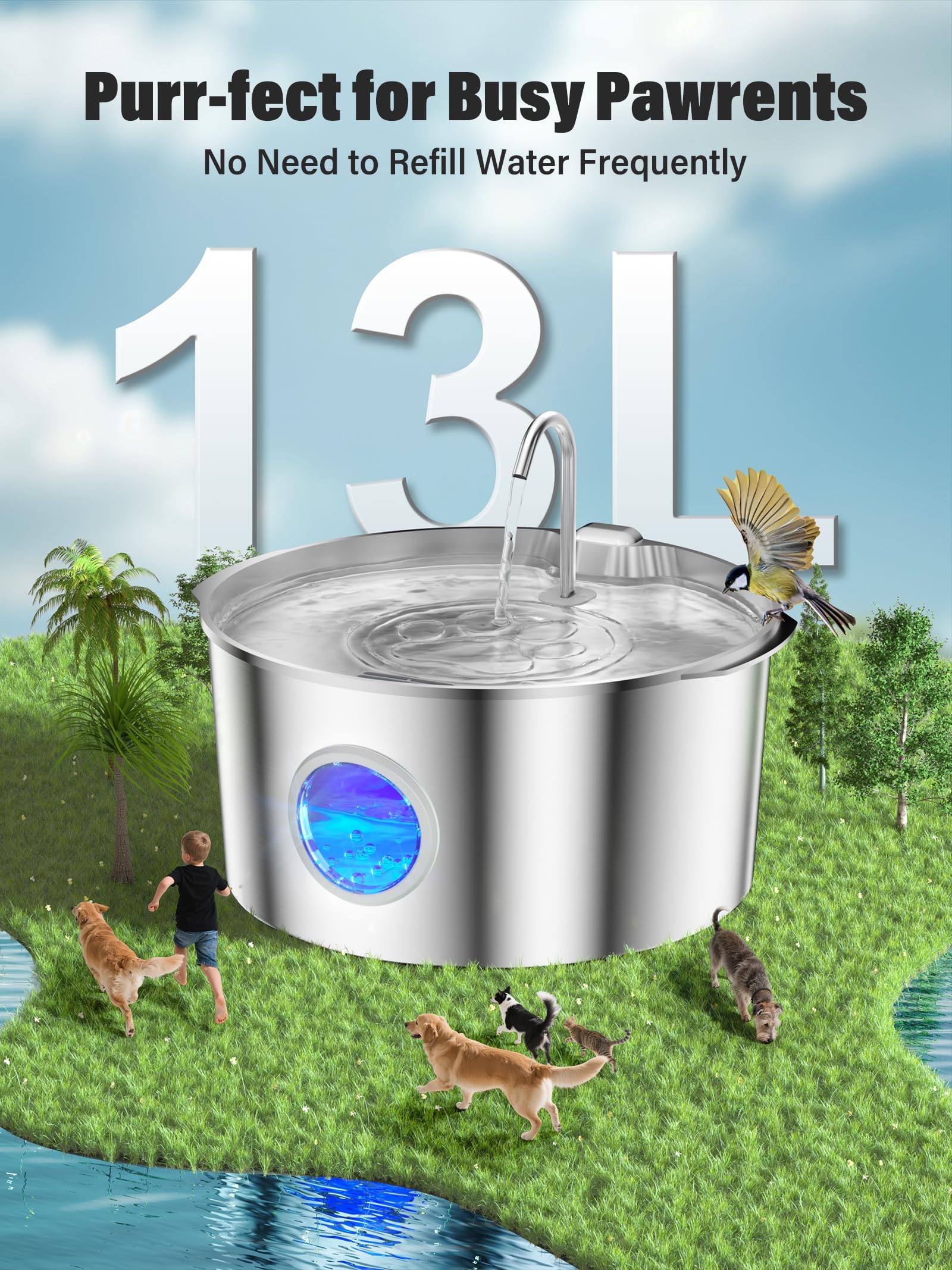 DCIOGAT extra-large stainless steel fountain demonstrates durable design.