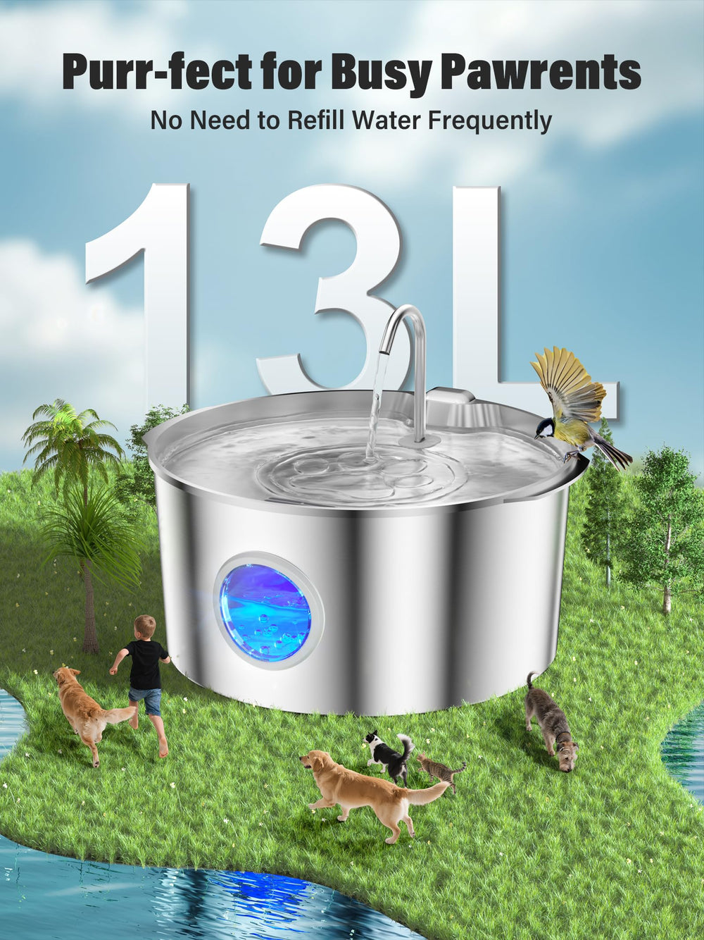 DCIOGAT extra-large stainless steel fountain demonstrates durable design.