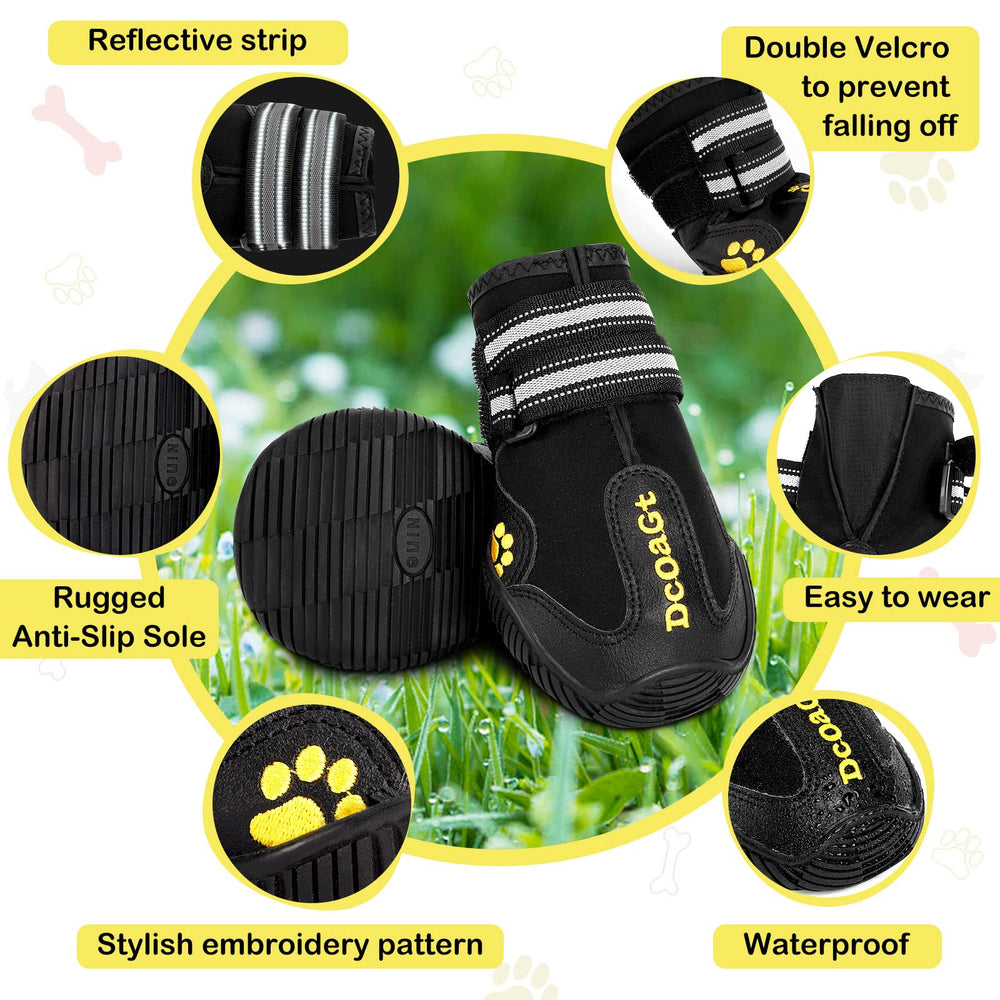 DcOaGt reflective straps on dog boots improve night visibility during walks.