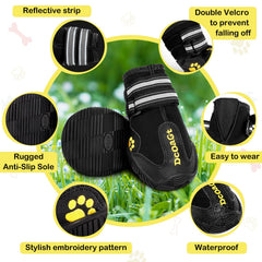 DcOaGt reflective straps on dog boots improve night visibility during walks.