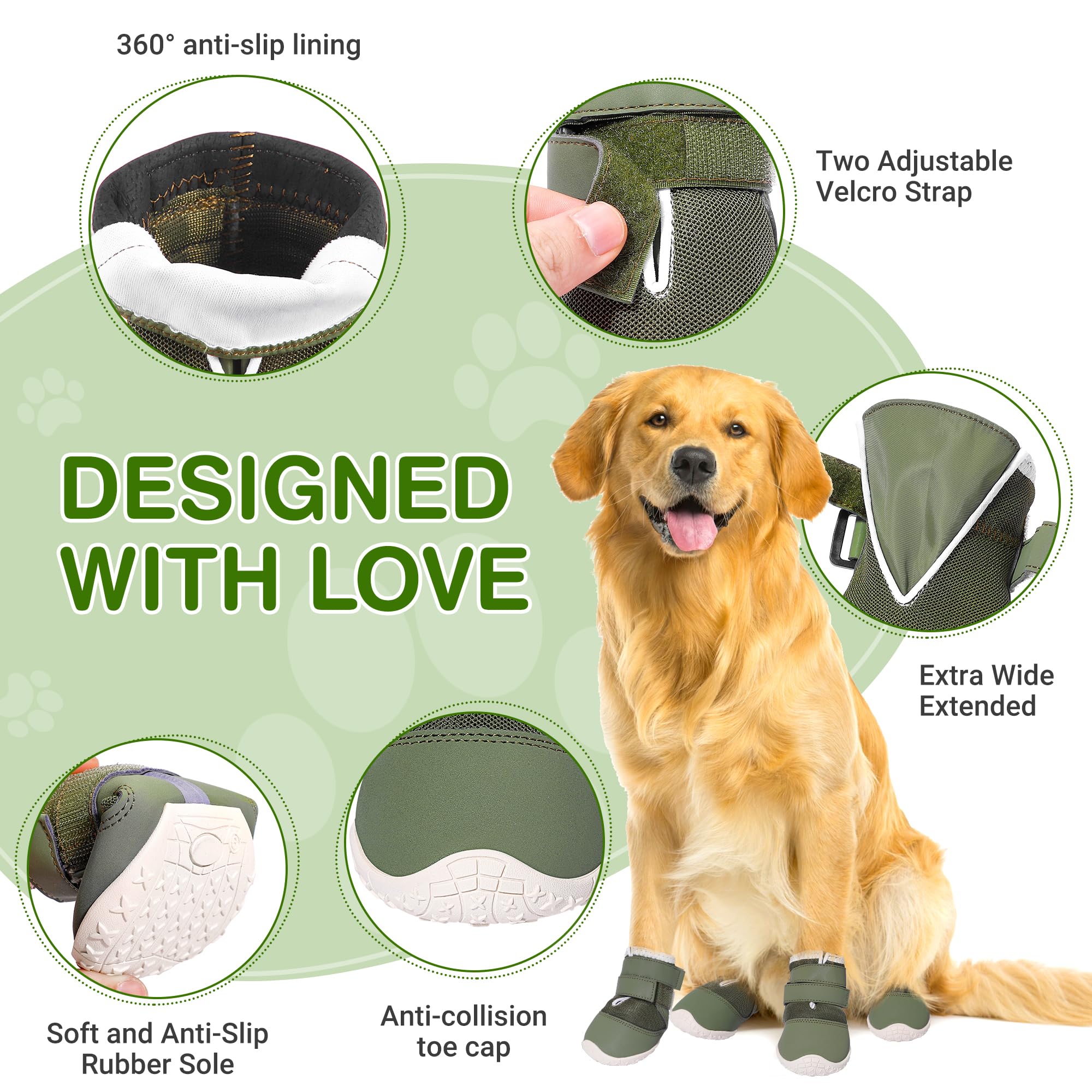 DcOaGt dog shoes anti-slip soles aid secure footing indoors and outdoors.