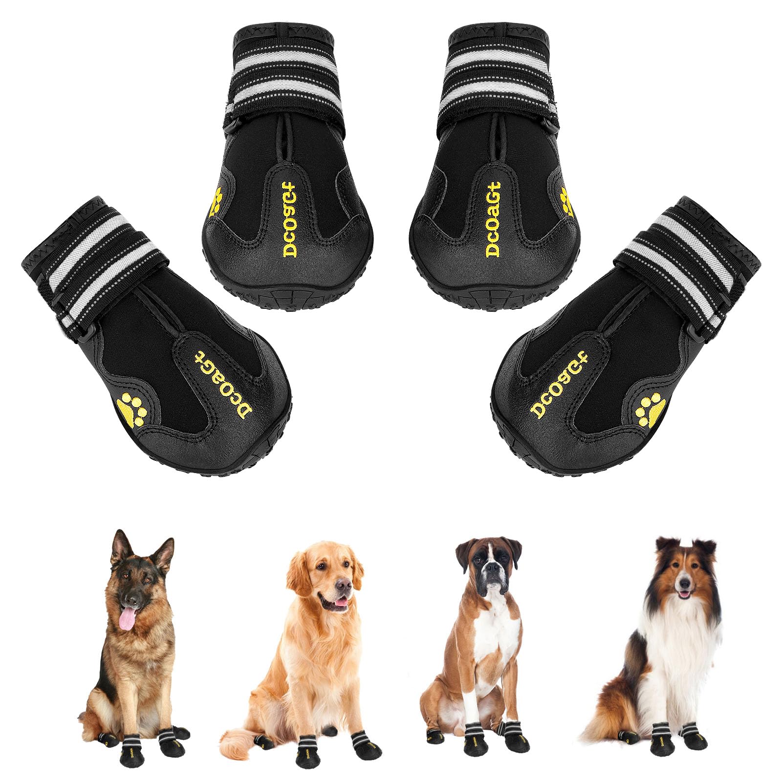DcOaGt dog shoes front view with reflective strap for nighttime visibility.