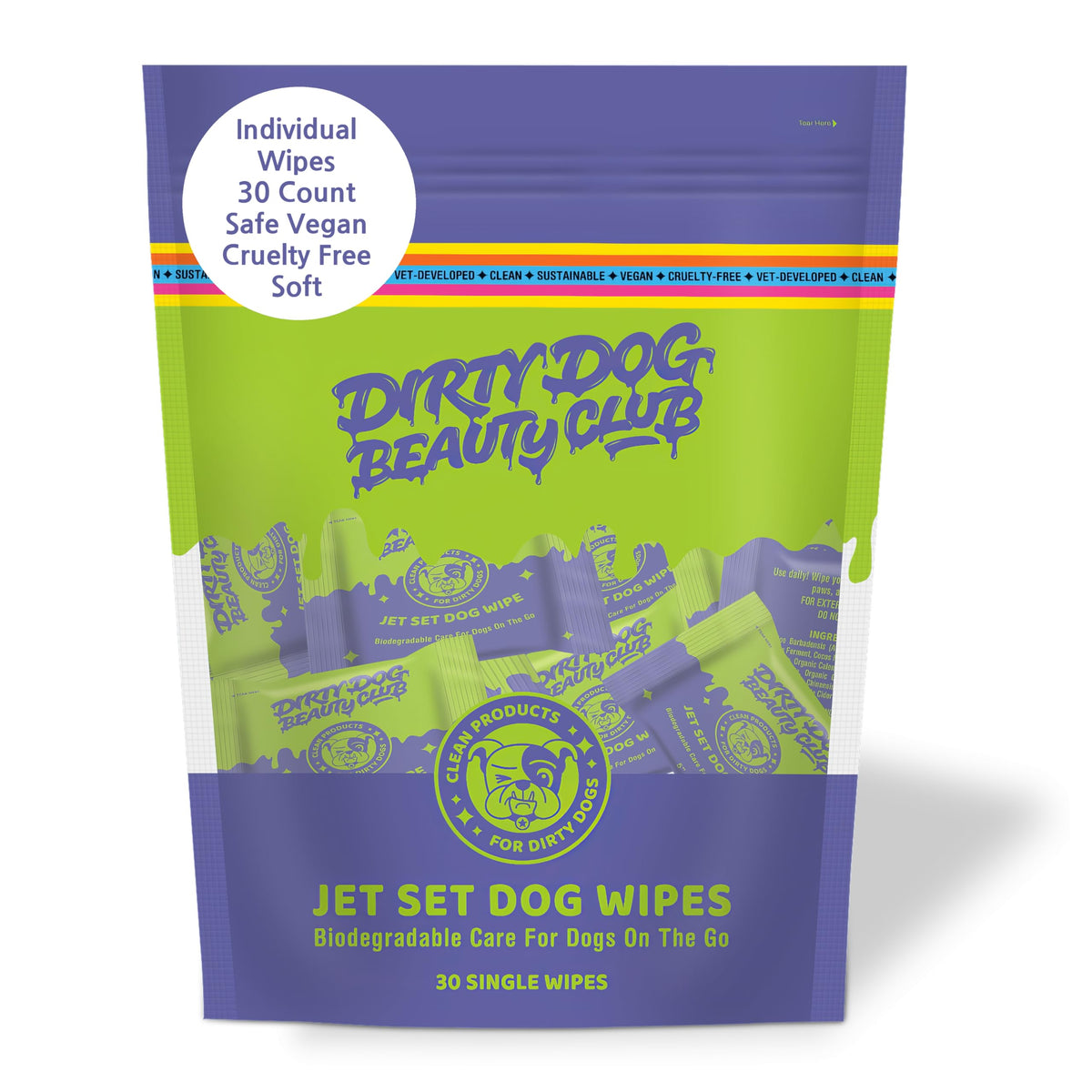 DDBC Jet Set Dog Wipes packaging shows a convenient 30-count carton for on-the-go cleanups.
