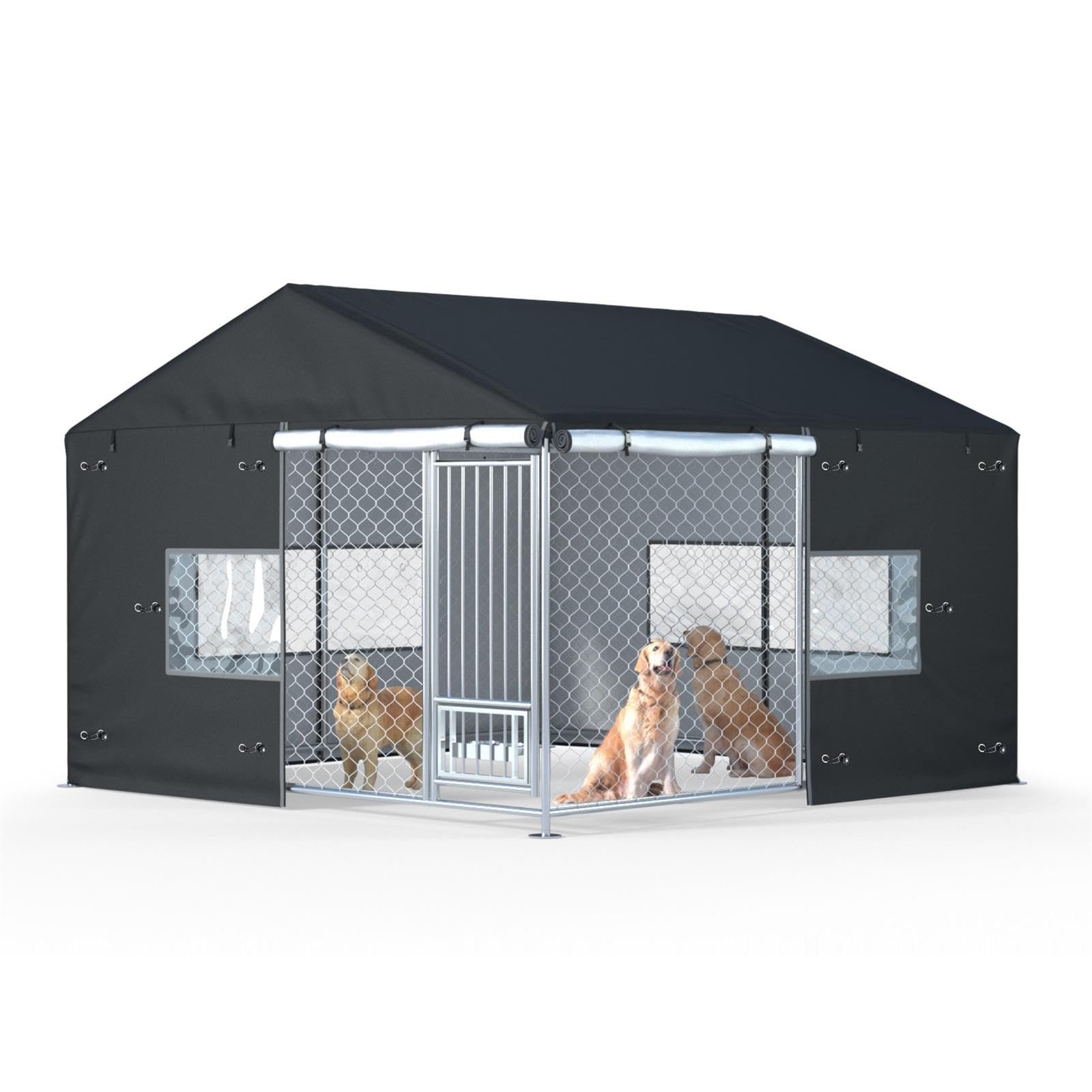 Ddeman outdoor kennel cover front view showing full coverage for weather protection