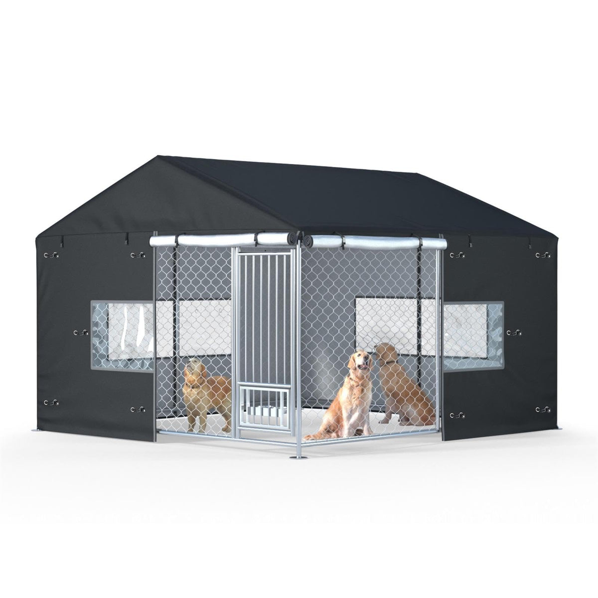 Ddeman outdoor kennel cover front view showing full coverage for weather protection