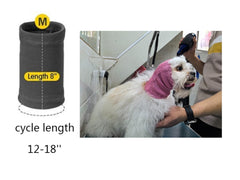 DDFS dog ear cover red M on dog demonstrates gentle noise reduction during grooming.