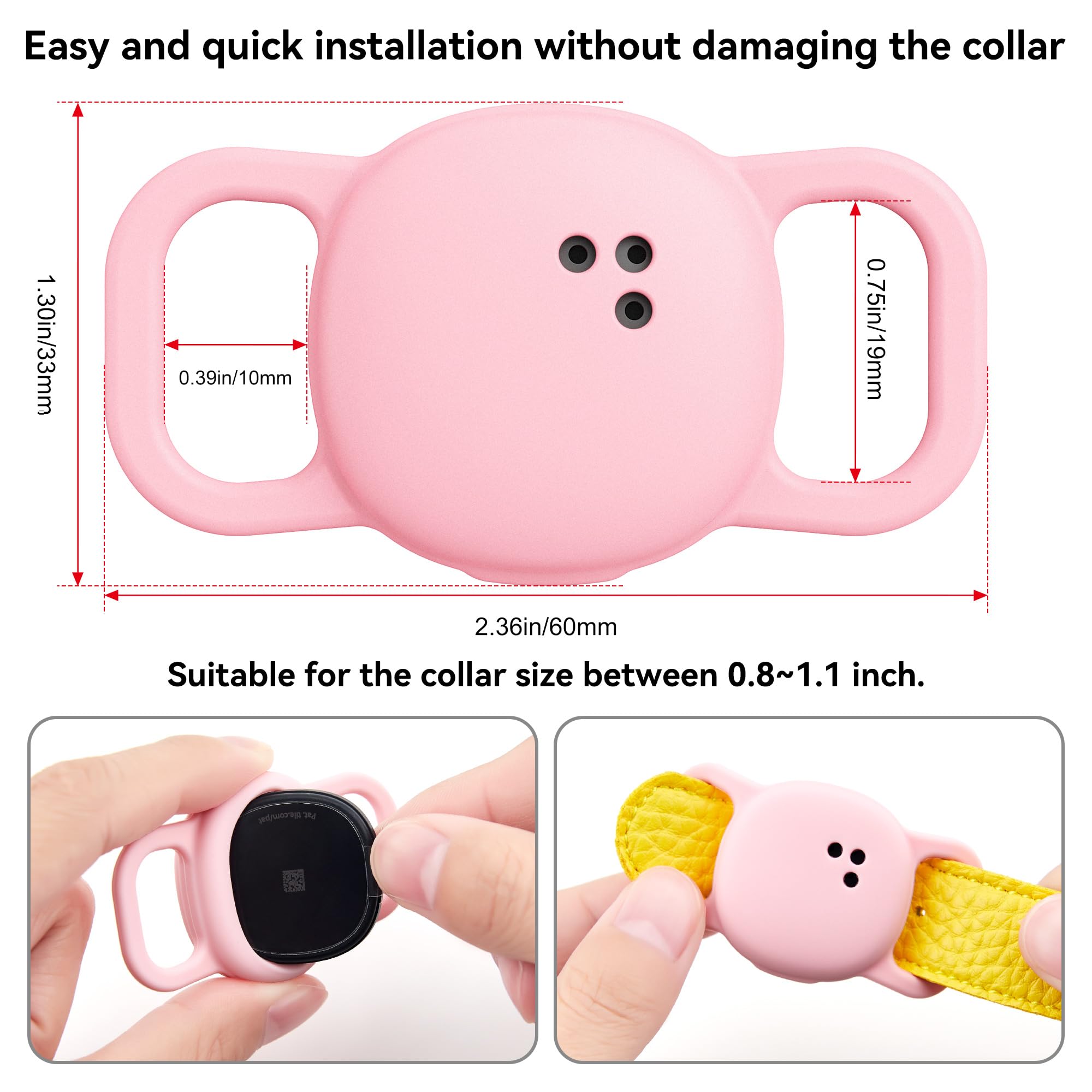 DDJ collar clip pink tile tracker showing simple install on collars.