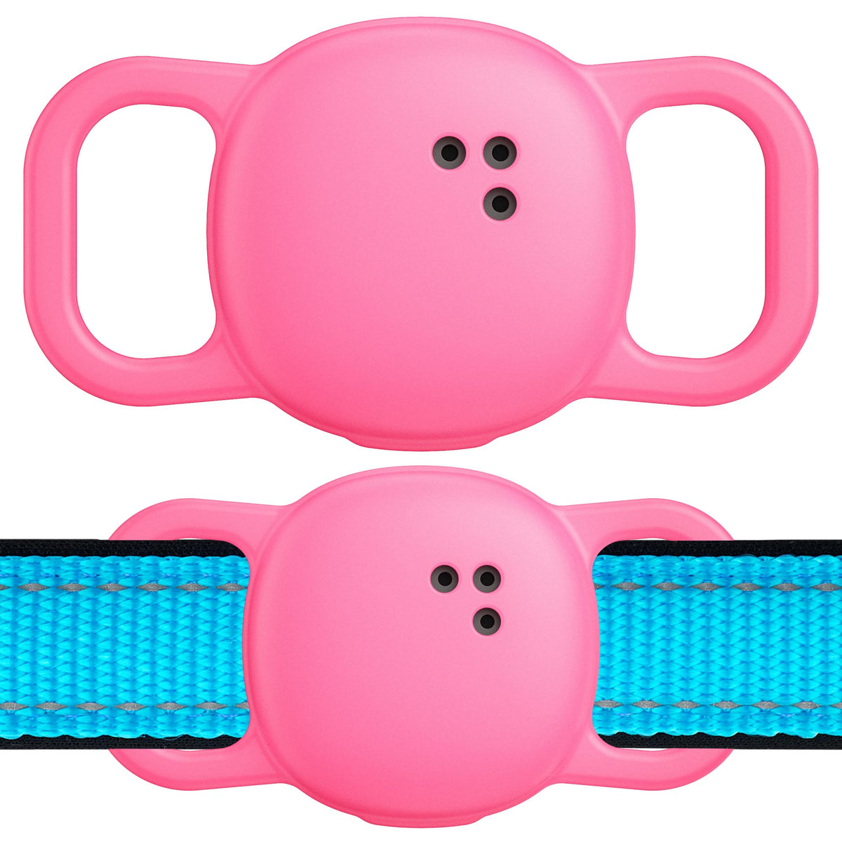 DDJ Tile Life360 collar case neon pink closeup protects trackers with soft silicone