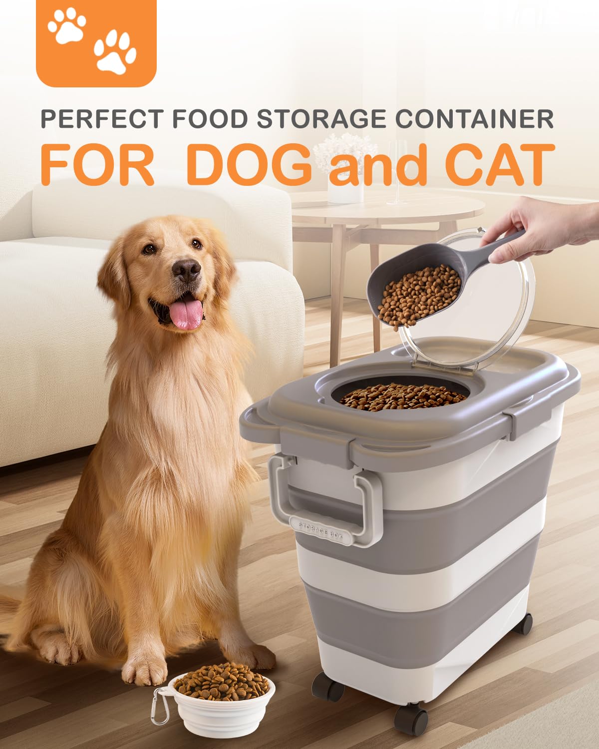 DDMOMMY collapsible pet food bin saves space when not in use.