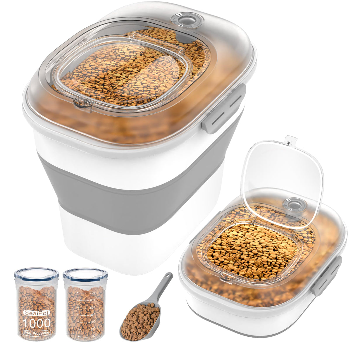 DDMOMMY dog food container with transparent lid shows remaining supply for easy meal planning.