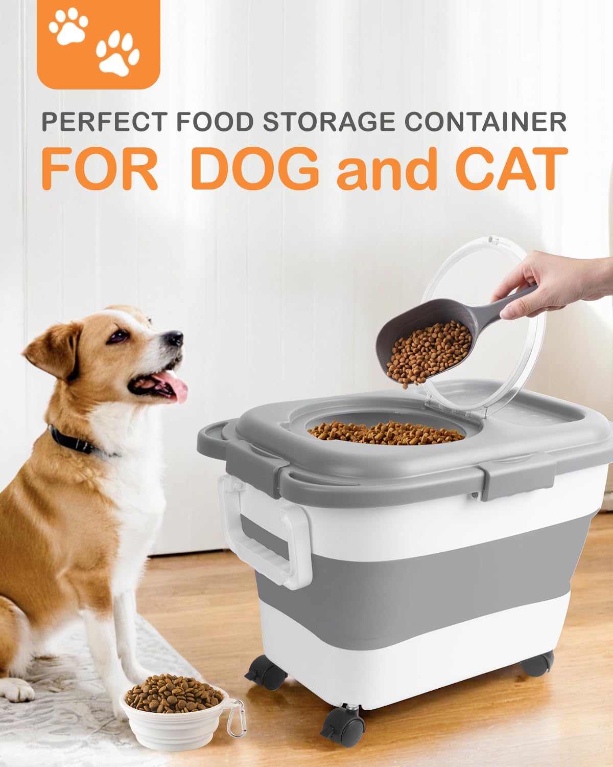 DDMOMMY dog food storage container folded size neatly fits under cabinets.