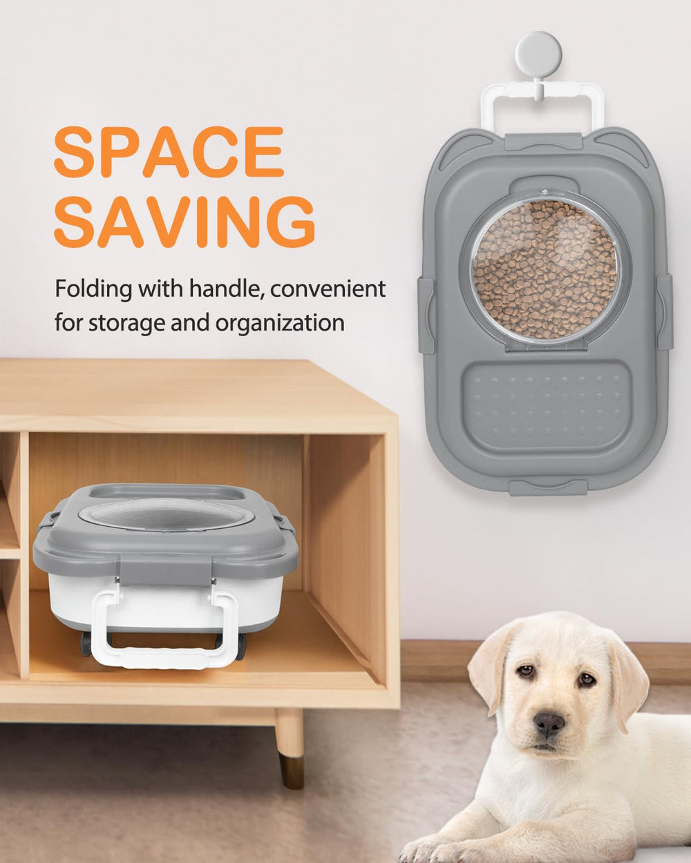 DDMOMMY dog food storage with scoop for convenient serving.