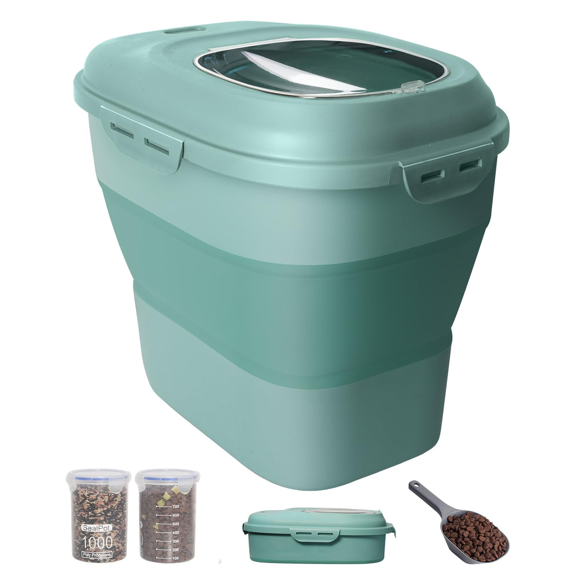 DDMOMMY dog food storage folded green shows space-saving design for compact pantry